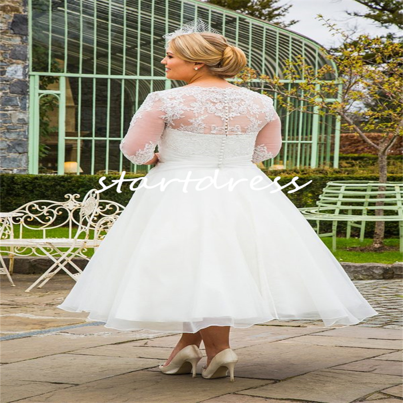 Rustiek Landelijk Grote Maten Trouwjurken Met Mouwen Elegant A-lijn Theelengte Boho Kant Bruidsjurk Organza 2024 Zomer Strand Bruid Vestio Novias Robes Courtes