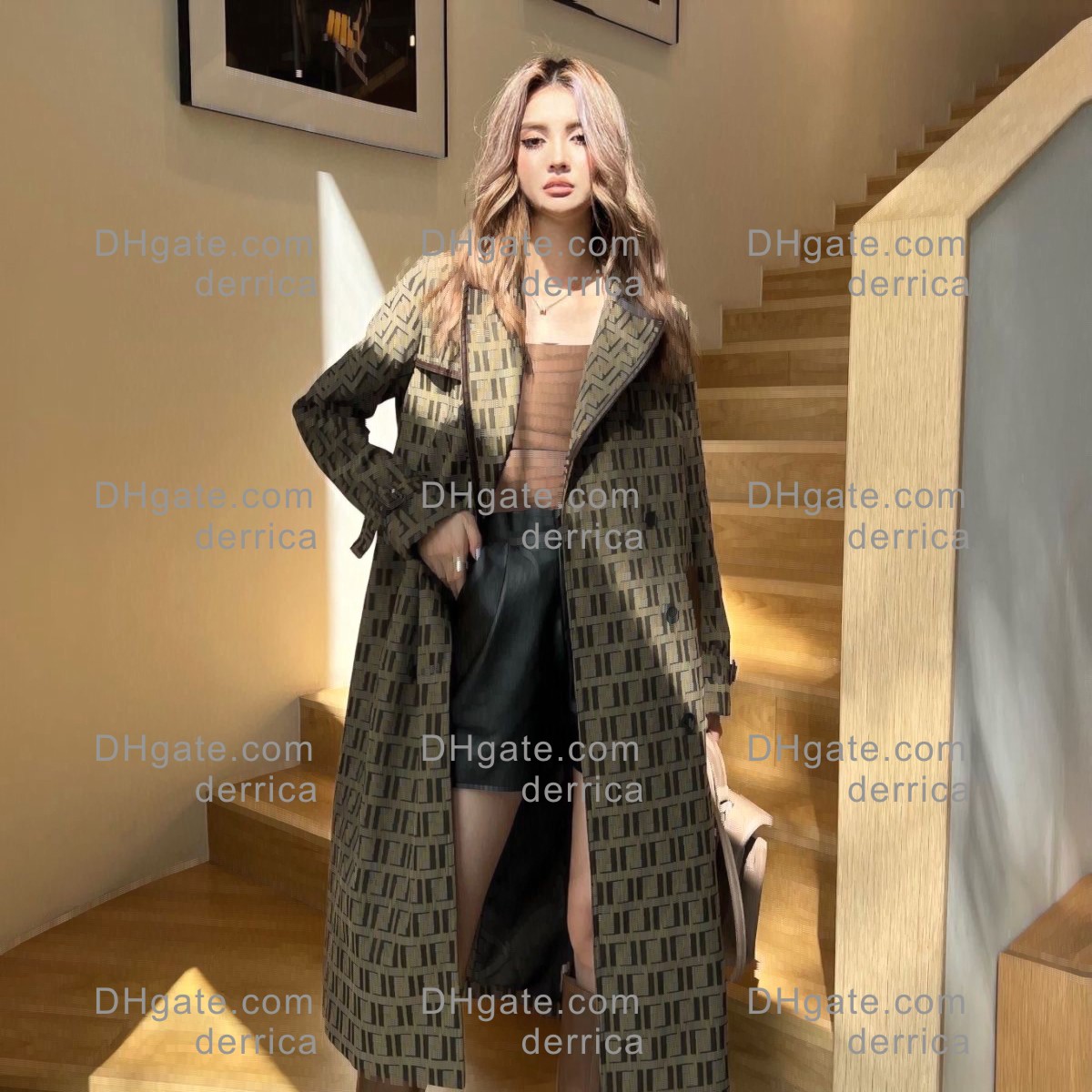 trench firmato da donna Giacca a vento da donna con stampa di lettere del corpo Cappotto con cintura allentata Trench lungo casual femminile