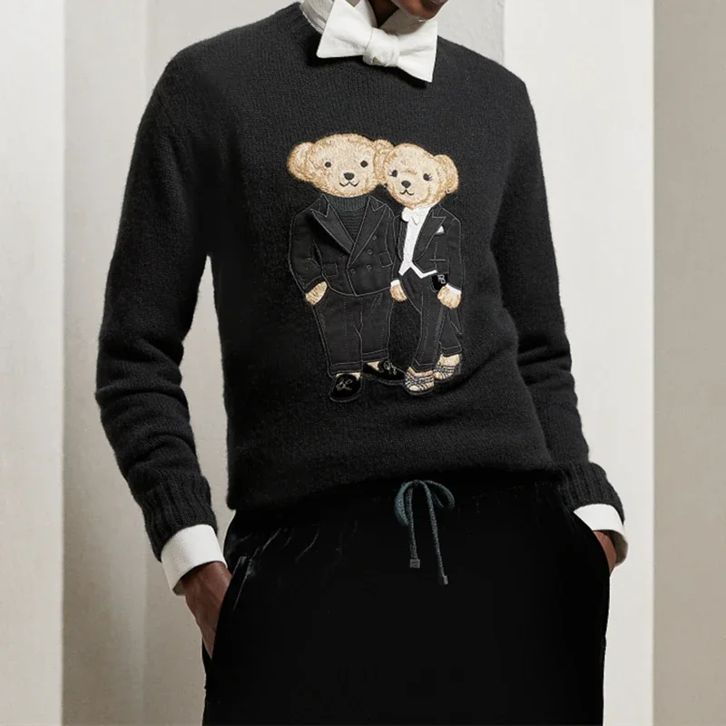 2024 Autumn Winter Women 100% Cashmere Sweater Cartoon Double Bear O Neck Casual Sticked Luxury Designer Polos Jumper Women's Long-Sleeve Pullovers