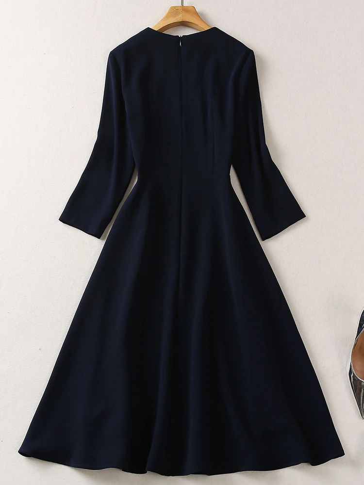 Abito midi da ufficio elegante celebrità blu navy ricamato vintage da donna di alta qualità la primavera e l'autunno della principessa