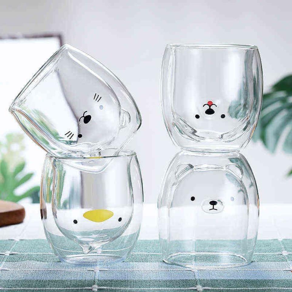 250-300ml Kawaii Cat Paw Glass Mug二重層絶縁ガラスカップ爆発証明厚いコーヒーミルクカップ大人の子供ギフト2111105255K