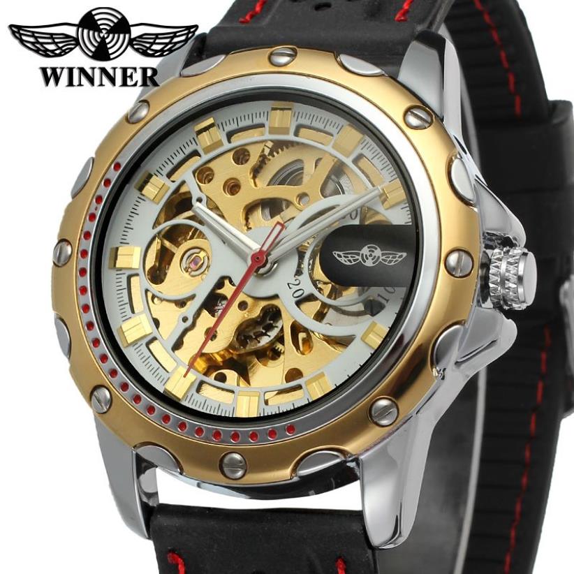 NEW WINNER Fashion Men's Silicone sports Watch Skeleton Hand-Winding Mechanical Wristwatch military clock Erkek Kol Saati183L