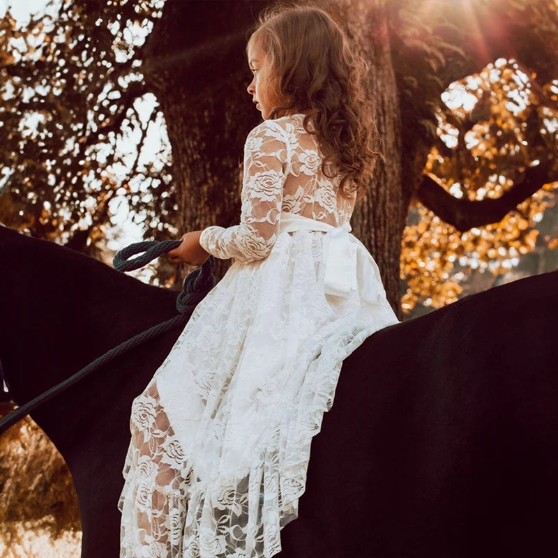 Robes de demoiselle d'honneur en dentelle blanche pour mariage, manches longues, col rond, robes de fête d'anniversaire pour enfants en bas âge, longueur au sol, vêtements de première communion pour petites filles CL3254