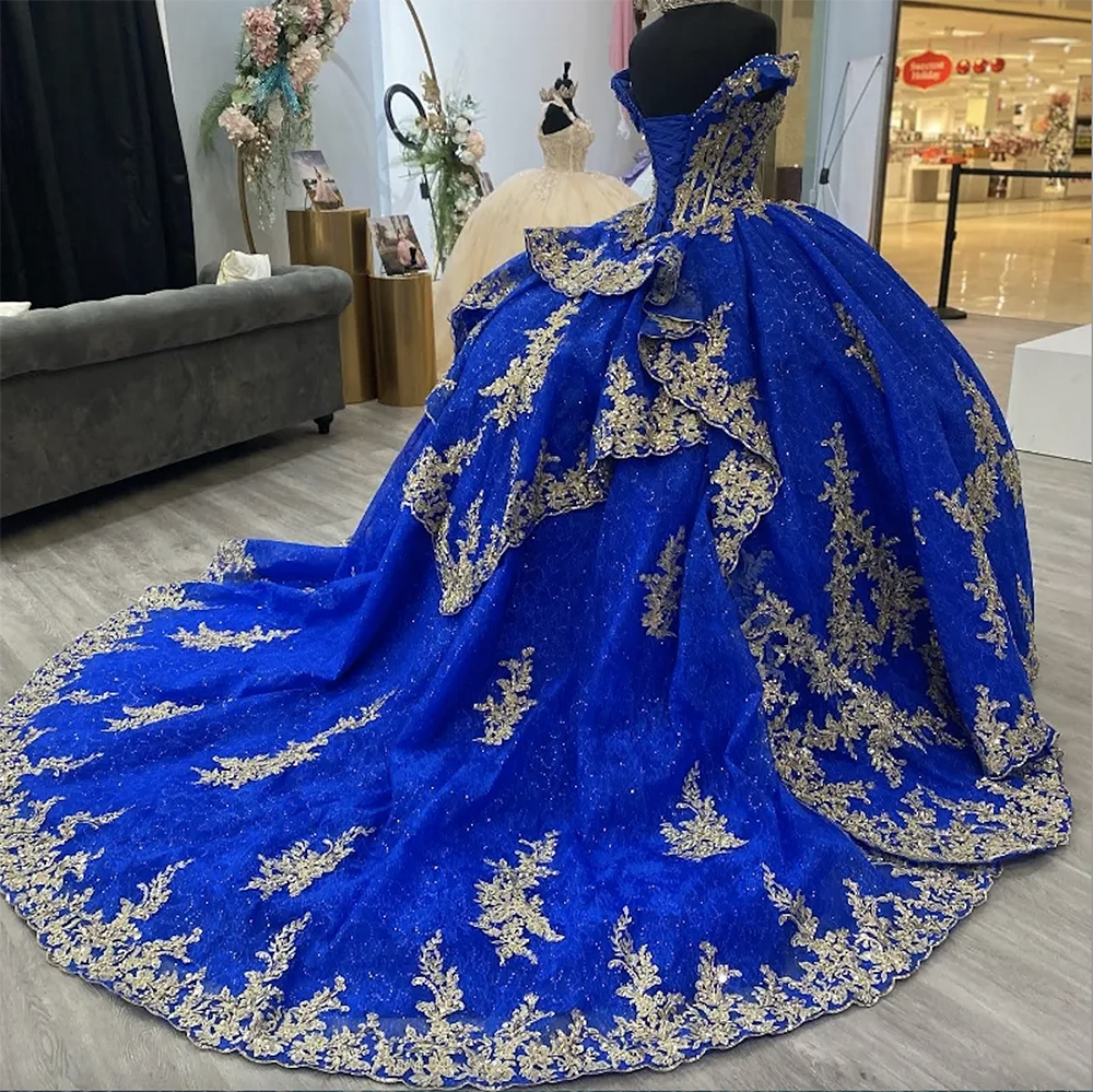 2024 azul brilhante quinceanera vestidos para doce 15 anos sexy fora do ombro inchado vestido de baile rendas apliques contas vestidos de princesa