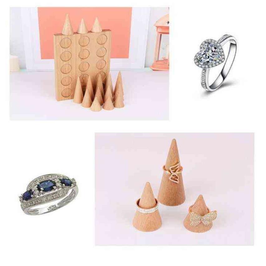 Espositore gioielli a forma di cono in legno naturale con supporto espositore gioielli, vetrina, anelli, vassoio bracciale 211105181Z