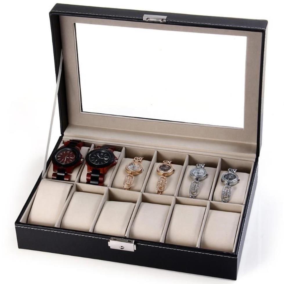Boîtes de montres, boîte élégante, support de rangement de bijoux organisé 12 grilles, vitrine en cuir PU Cajas Para Relojes3292
