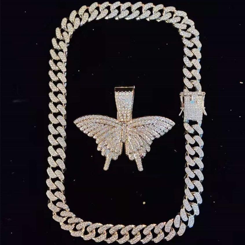 Män kvinnor hip hop butterfly hänge halsband med 13 mm miami kubansk kedja isad ut bling hiphop halsband mode charm smycken207z
