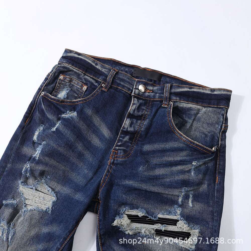 2023 nova marca de moda de rua alta remendo de pele quebrada elástico fino ajuste angustiado jeans azul profundo para homem