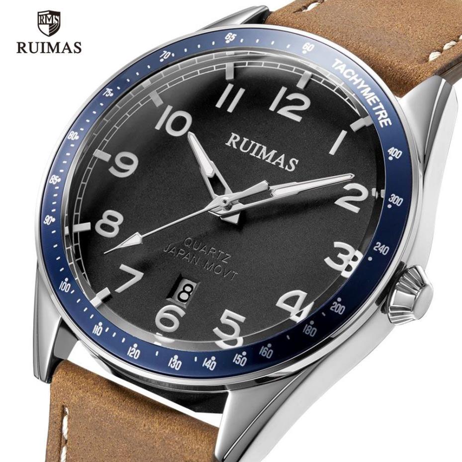 Ruimas Brown Leather Quartz Watches Luxury Military Sports Watch Manシンプルな防水腕肉RelogiosMasculinoClock573223S