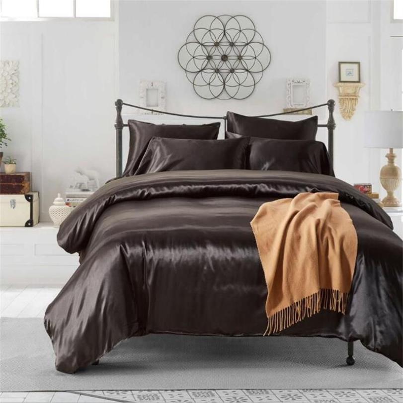100% god kvalitet satin siden sängkläder sätter platt fast färg Storbritannien storlek 3 datorer täcke täcke platta lakan kudde198y