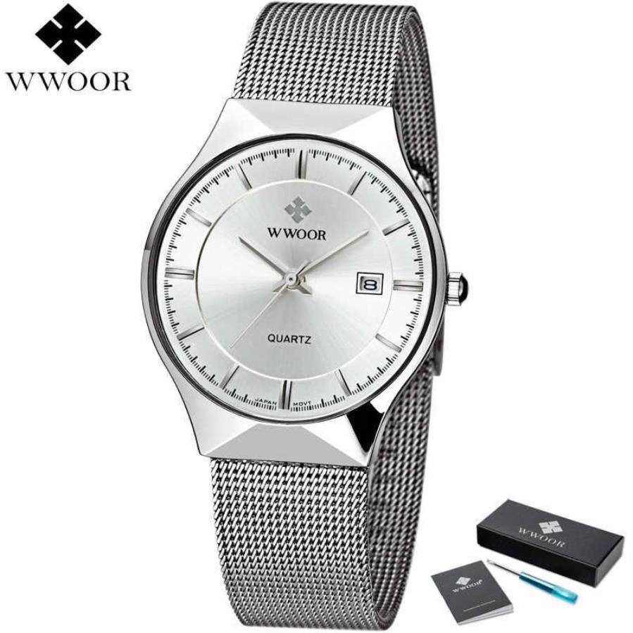 WWOOR Marque Hommes Montres Quartz Analogique Date Japon Mouvement Ultra Mince Étanche Maille En Acier Mince Mâle Montre-Bracelet Argent pour Hommes X0192W