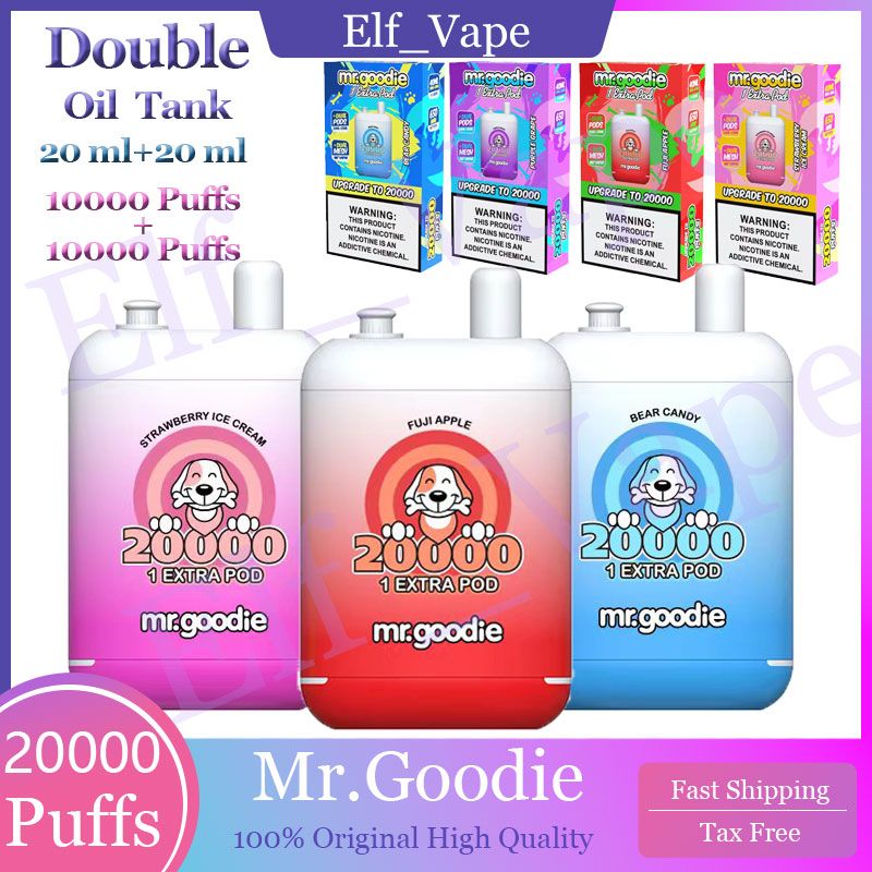 Mr.Goodie 20000 baforadas Vape descartável 650mAh Tipo-C Tanque duplo Bobina de malha dupla puff 20k Pod pré-preenchido 12 sabores caneta vape E Cigarro vs puff 15k 12k 10k 9000