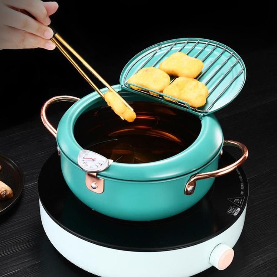 Pans Japanese Tempura Deep Frying Pot With Lid Stainless Steel Kitchen Fryer Pan Cookware 20cm 24cm259h