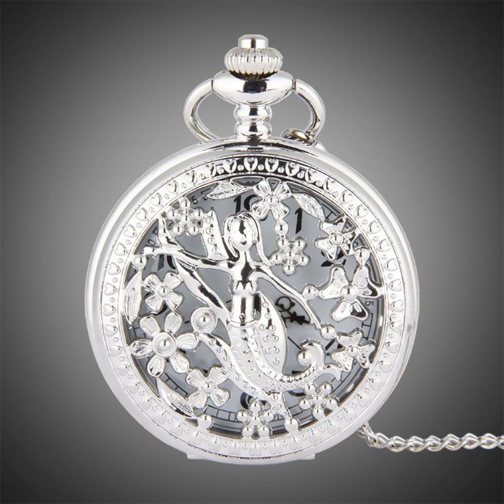 Tfo Pocket Watch Silver Hollow Petals تحيط بالرقص تصميم حورية البحر قلادة أزياء الأزياء قلادة 268U