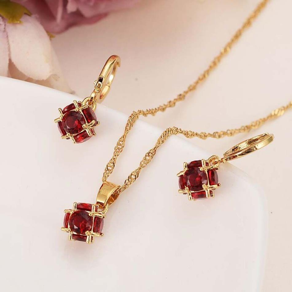 Queen Red Color Zirconcz Pendant Earring Bridal Wedding Jewelry Set med Fine Gold G F Halsband Set Women Girls3053