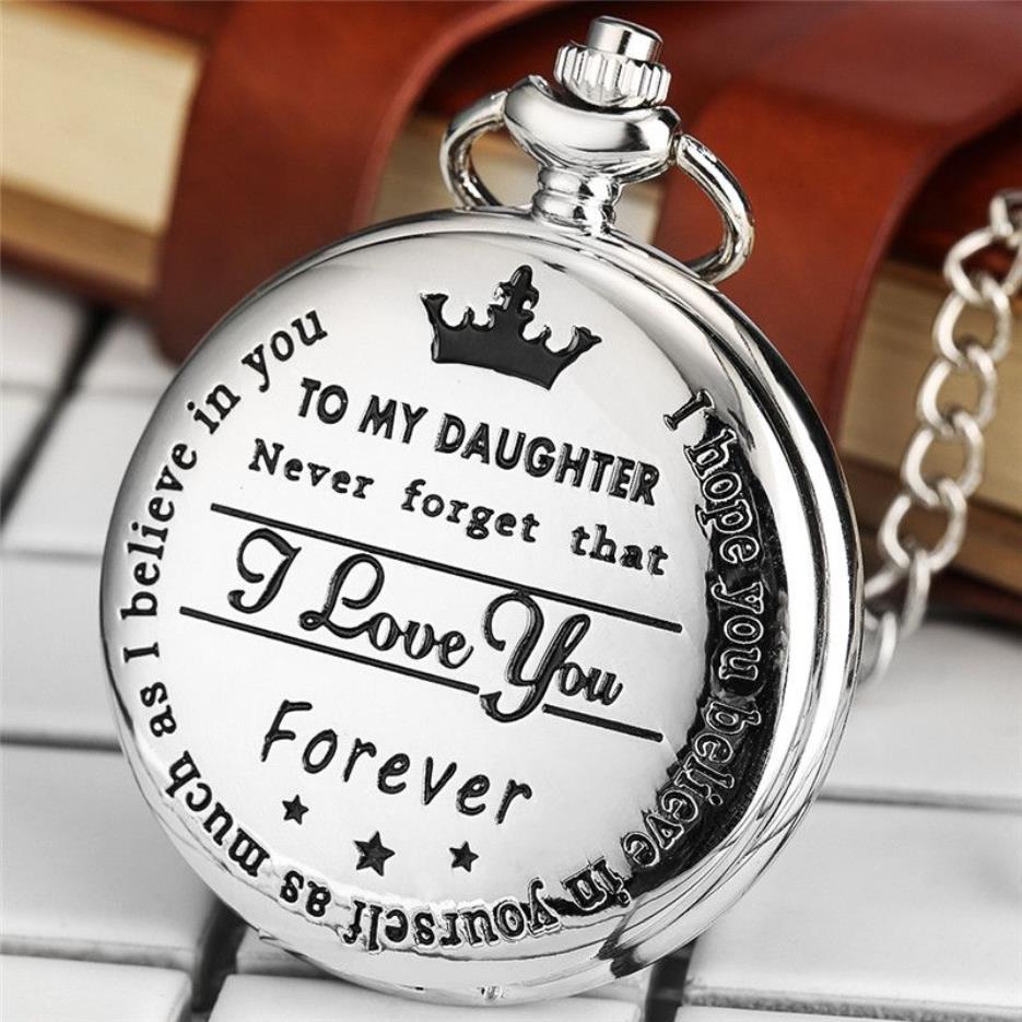 Vintage Saatler Gümüş Siyah Altın Kızıma Seni Seviyorum Lazer Kelime Kız Analog Kuvars Cep Saati Fob Kolye CHA214S