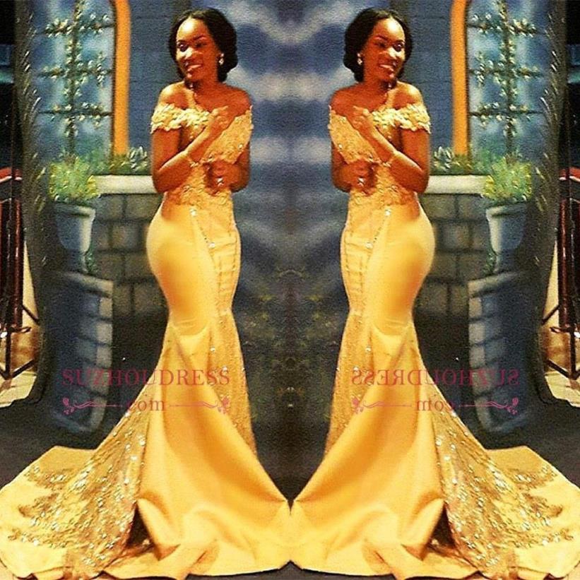 Robes de bal sirène jaune africain nigérian 2018 épaules dénudées dentelle paillettes robes de soirée en Satin BA8405310h