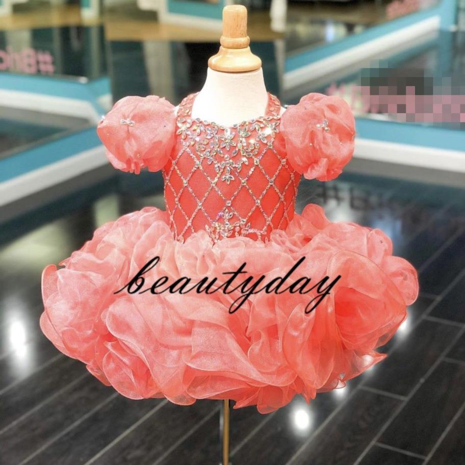 Coral Girls Pageant Dresses 2020 New Toddler Kids Ball Gown Glitz Flower Girl Dress Weddings Beaded Drapped Cupcake Size 3 5 7 9231Z