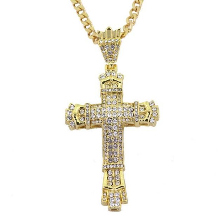 18K Gold Plated Stainless Steel Cuban Chain Water Diamond Retro Cutout Cross Pendant Necklace263e