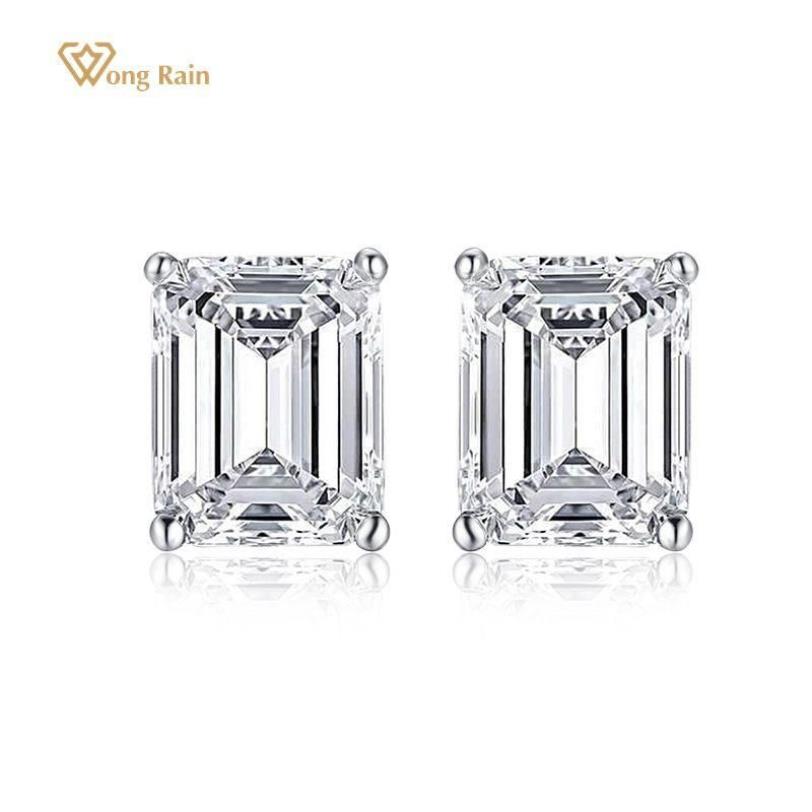 Stud Wong Rain 925 Sterling Zilver Emerald Cut Gemaakt Moissanite Edelsteen Diamanten Wit Gouden Oorbellen Engagement Fijne Jewelry244w