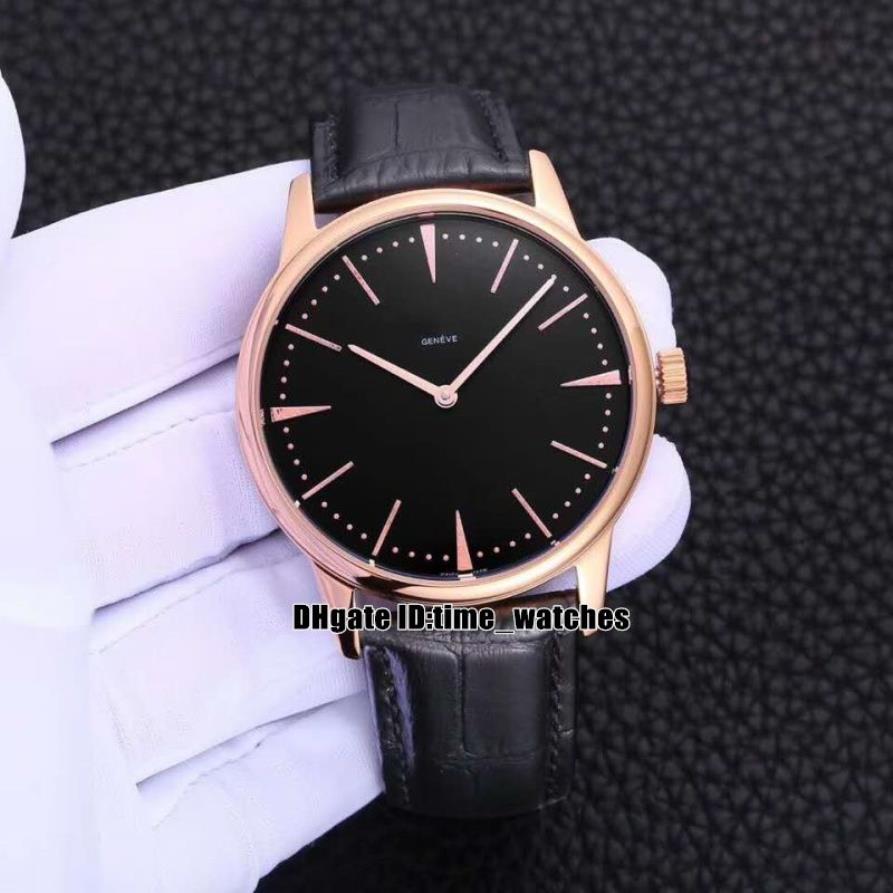 6 estilos NUEVO 81180 000R-9283 Patrimonio Caja de oro rosa esfera negra Reloj automático para hombre Correa de cuero Alta calidad Caballeros negocios wa227t