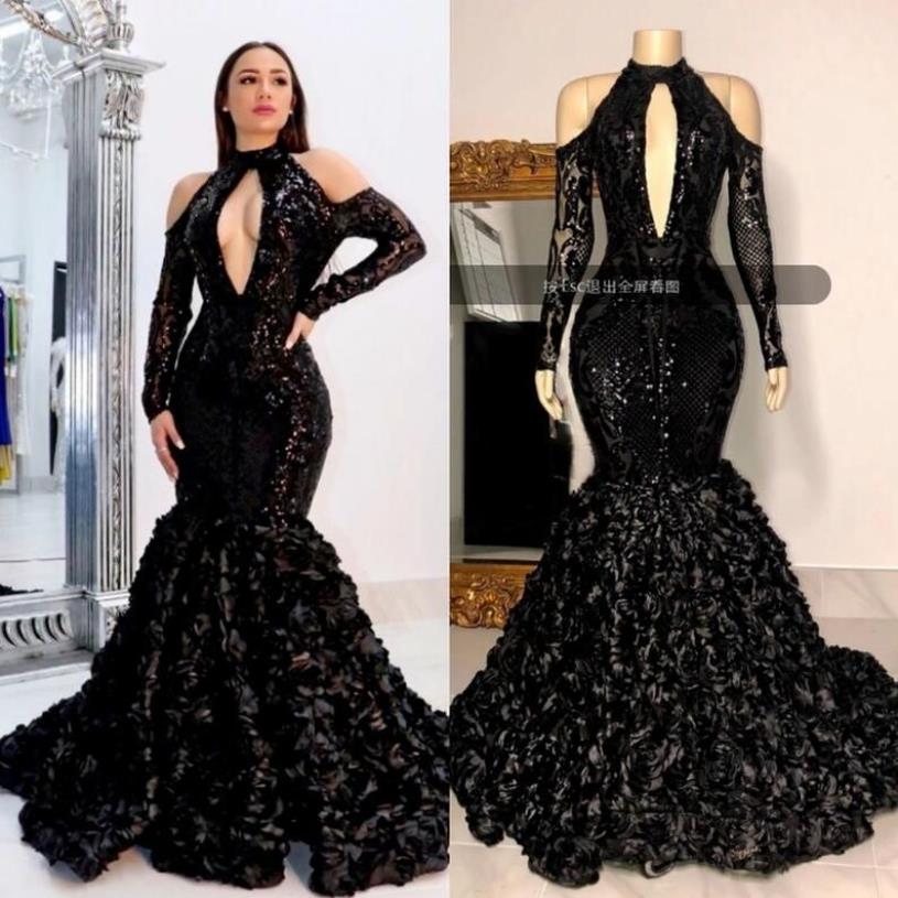 NEW 2022 Black Tiered Skirts Prom Dresses African High Neck 3D Lace Flowers Sequined Evening Gowns Plus Size Reflective Dress V3052