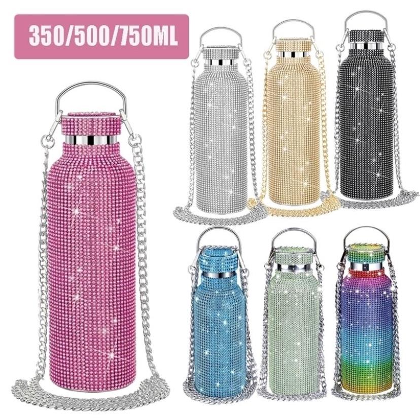 Vattenflaskor bling diamant termos flaskor bärbar glitter vatten flaska crossbody rostfritt stål termisk kolv 350 ml500ml750 ml 277k