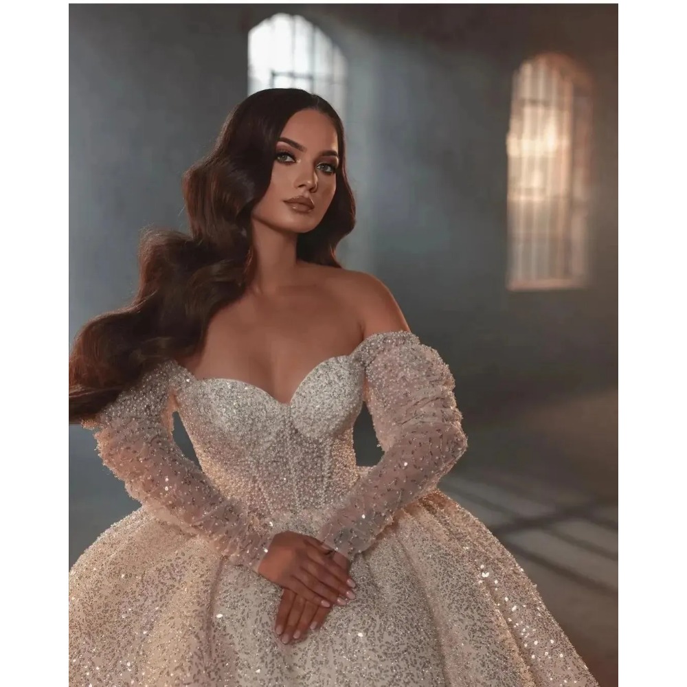 Superbe robe de mariée blanche scintillante, épaules dénudées, paillettes, manches longues, arabe, Dubaï, sur mesure, 2024