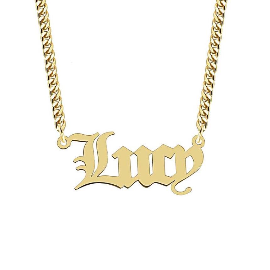 Custom Name Necklaces for Women Mother's day Nameplate Pendant with Cuban Chain Year Necklace Old English Font Design Gold St3155