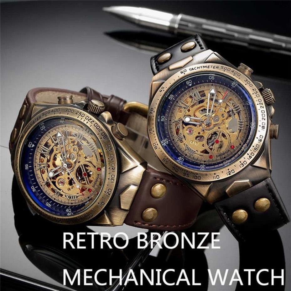 Männer Uhr Skeleton Automatische Mechanische Männliche Uhr Top Marke Luxus Retro Bronze Sport Militär Armbanduhr Relogio Masculino J1907305j