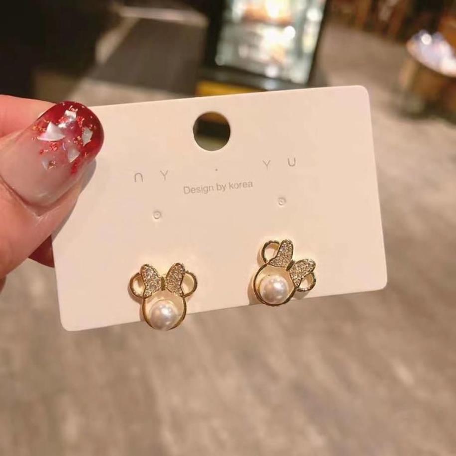 Pendientes bonitos con lazo y perlas enteras para mujer, joyería de dibujos animados con cristales de ratón, abalorio de Anime, accesorios de boda 2021, 255d