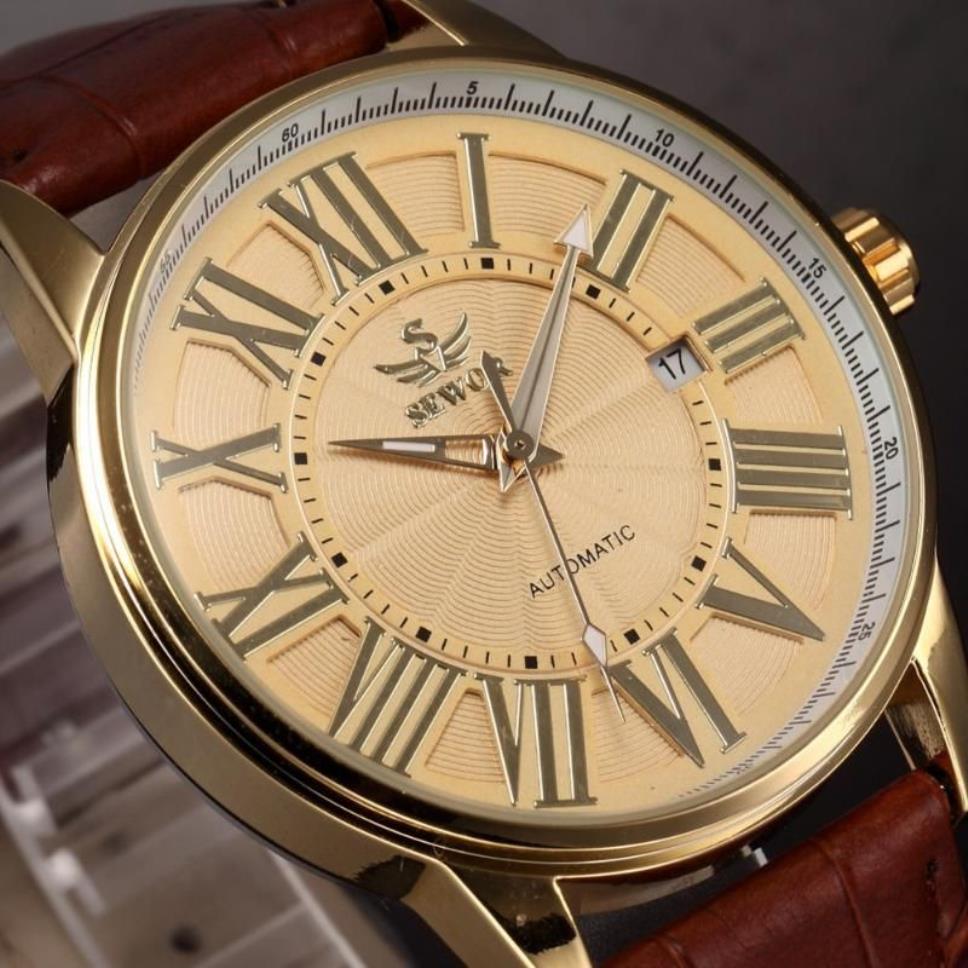 Men Mechanical Hand Wind Watch Retro Gold Roman Numeral Brown Leather Strap Clock Male Casual Automatic Wristwatches215F