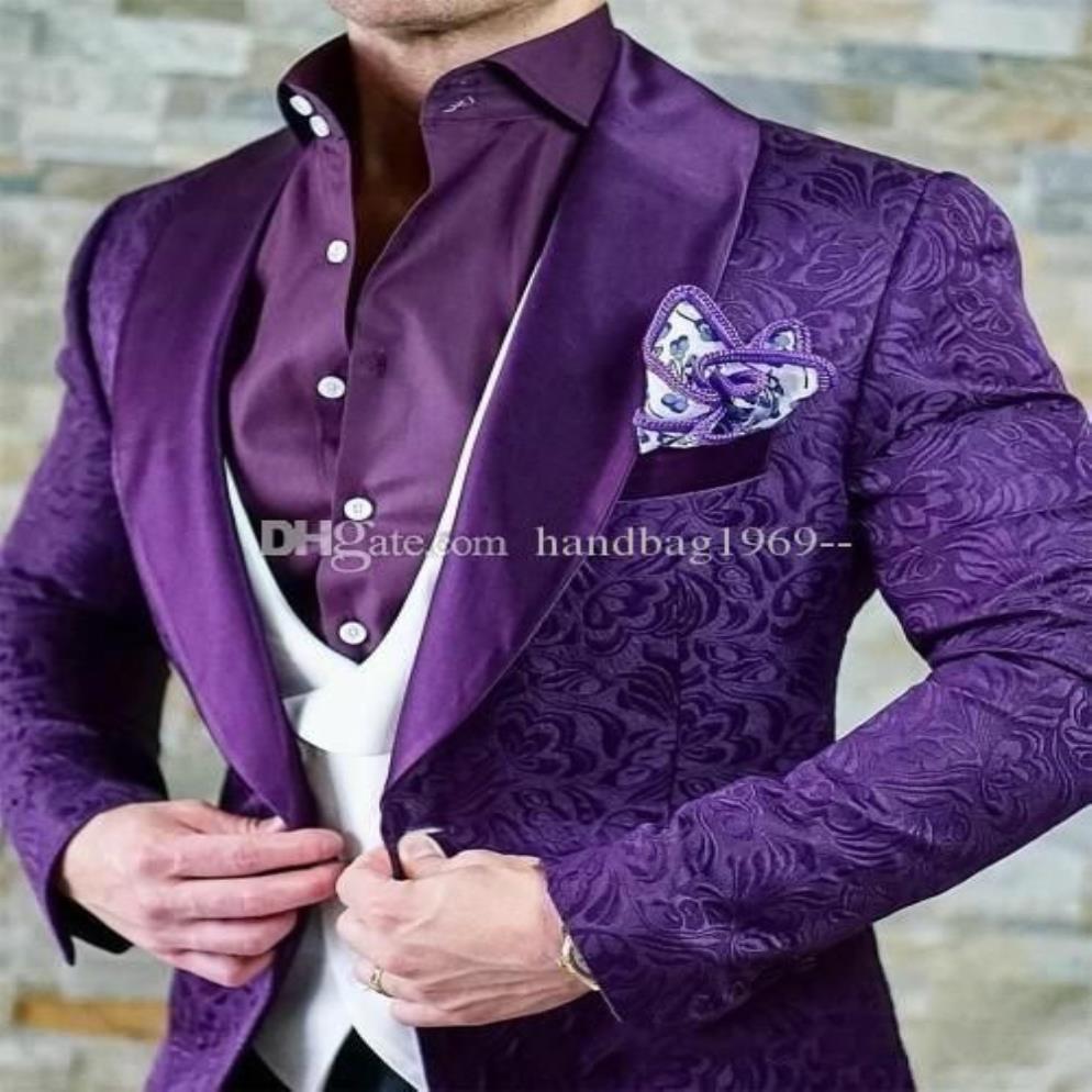 Un bouton violet foncé Paisley Tuxedos de marié châle revers garçons d'honneur costumes pour hommes mariage bal dîner blazer veste pantalon gilet cravate K274g