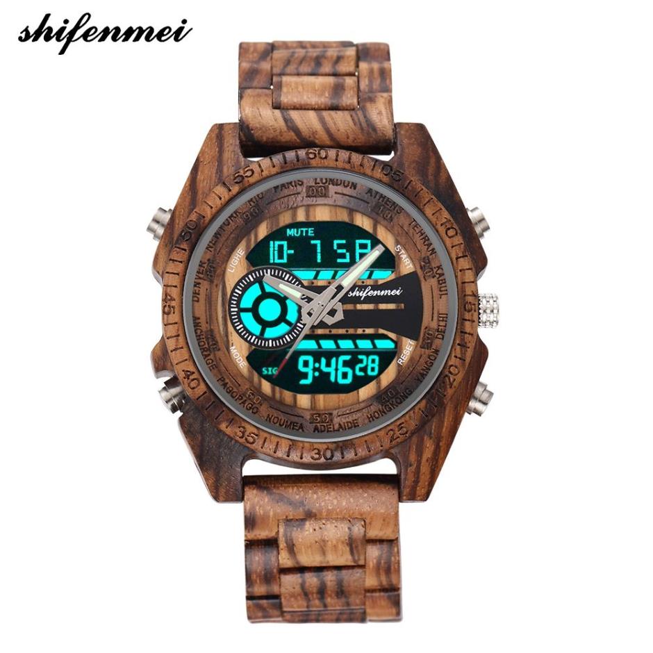 Shifenmei 2139 Antique Mens Zebra And Ebony Wood Watches With Double Display Business Watch In Wooden Digital Quartz Watch Y190515298B