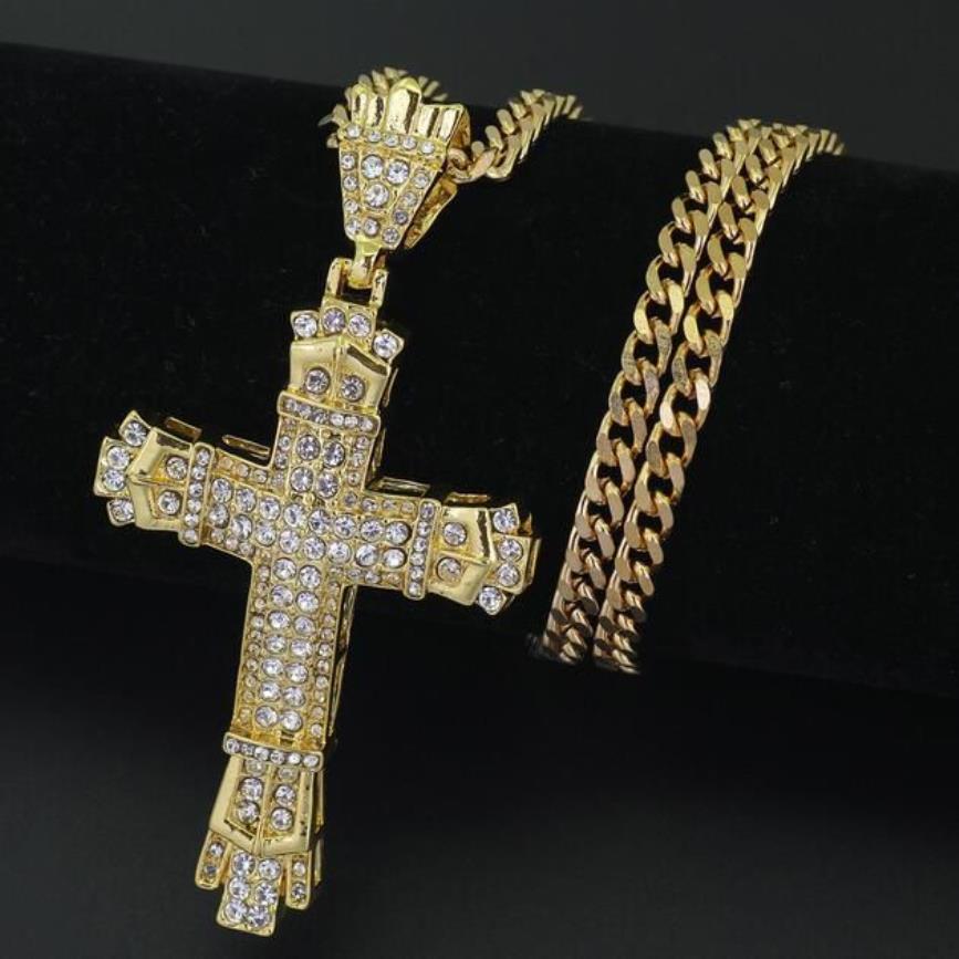 18K Gold Plated Stainless Steel Cuban Chain Water Diamond Retro Cutout Cross Pendant Necklace262S