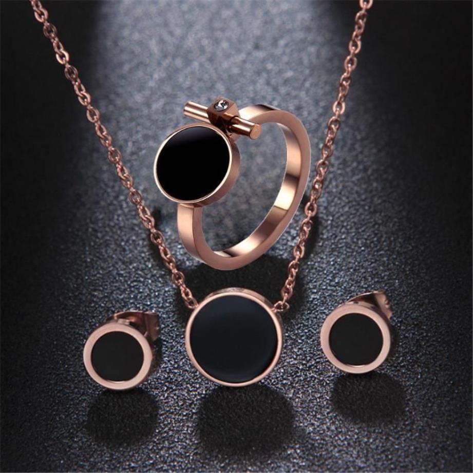 316L Titanium Stalen Sieraden Set Rose Goud Zwart Emaille Ring Oorbellen Ketting Set1970