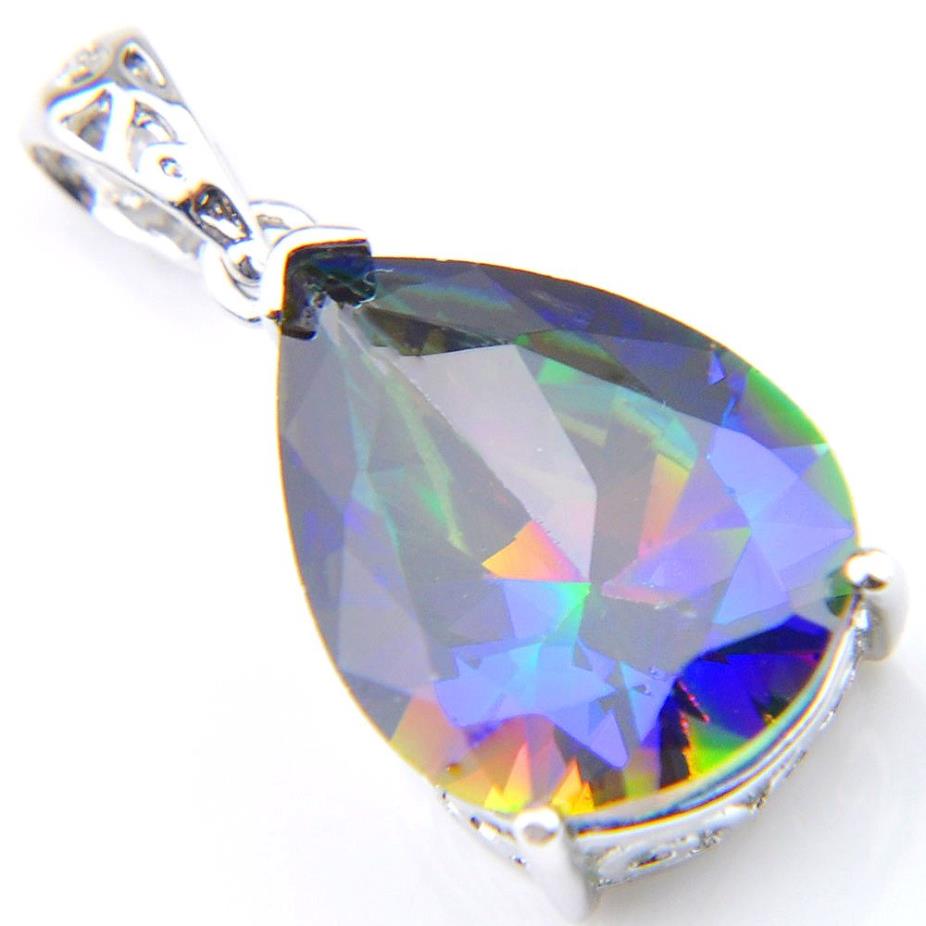 LuckyShine Excellente brillance forme de poire bleu feu arc-en-ciel mystique topaze pendentifs argent collier cubique zircone pendentifs femmes 283C