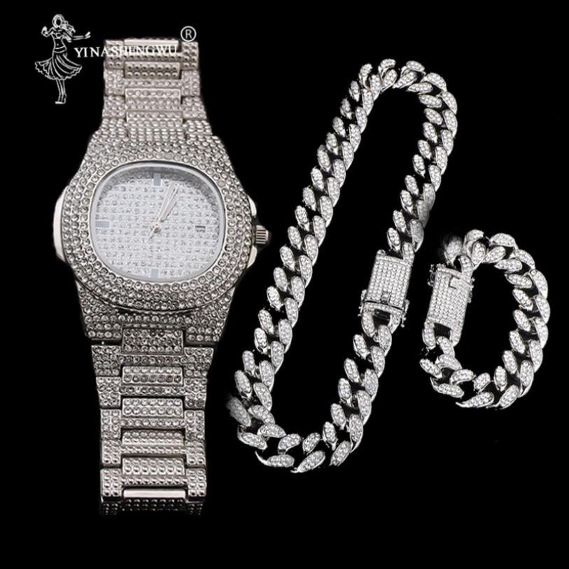 Orologio color oro di lusso Crystal Miami Out Catena cubana Oro Argento Orologio da uomo Collana Bracciale Hip Hop Jewerl uomo 2CM230H