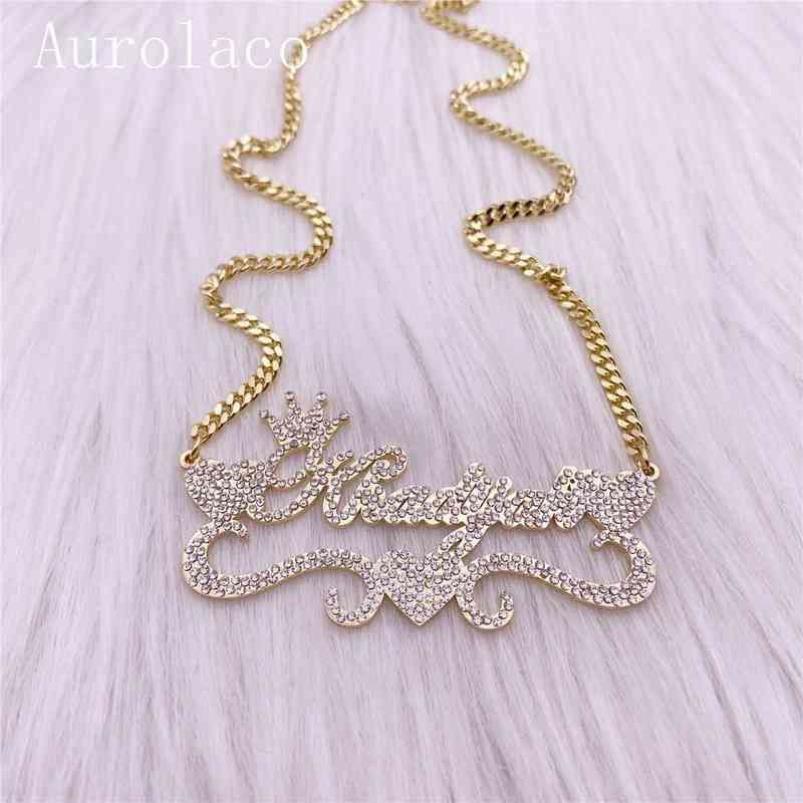 AurolaCo Aangepaste naamketting met diamanten bling roestvrij staal gouden plaat voor vrouwen cadeau 220119281T