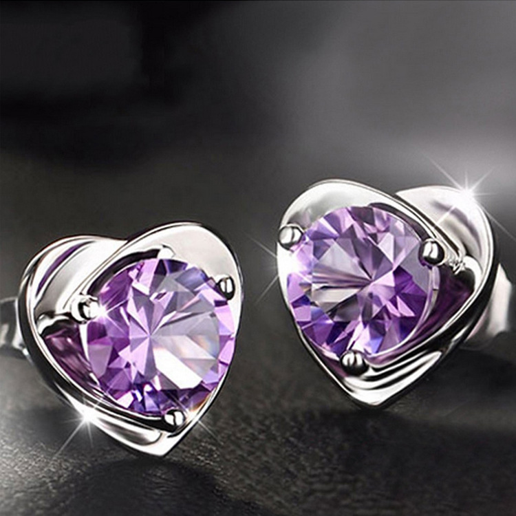 Серьги-гвоздики в форме сердца с фиолетовым кристаллом и цирконием, бриллиантовые серьги, женские свадебные украшения, подарок на день рождения