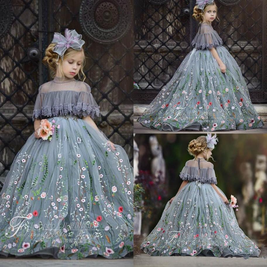 2019 Ball Gown Long Flower Girl Dresses Lace Applique High Neck Rhinestones Tulle Kids Pageant Dress Floor Length Girl's Birt230J