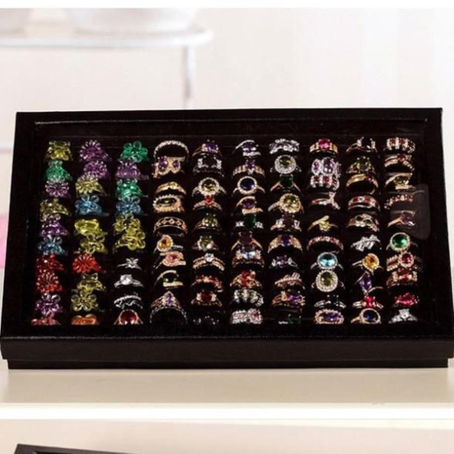 Organizator biżuterii Pierścień Ring Tray Czarne aksamitne pudełko 100 pudełko 100 wkładek do uchwytu na wkładkę do przechowywania pudełko na pudełko na pudełko