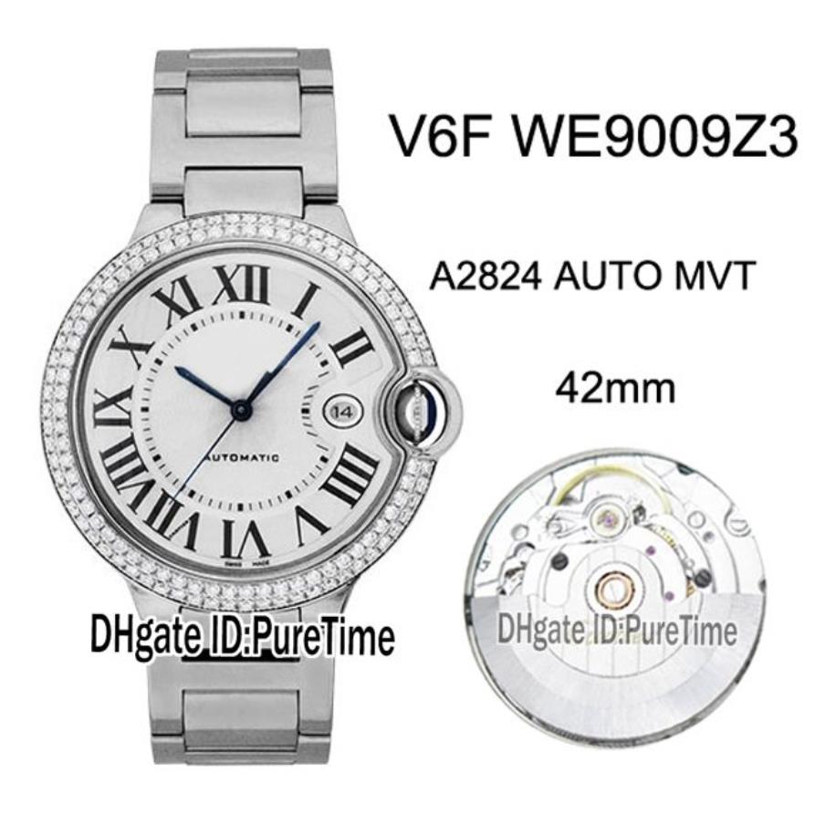Neue V6F WE9009Z3 ETA A2824 Automatik-Herrenuhr, Diamant-Lünette, weißes strukturiertes Zifferblatt, schwarze römische Markierungen, Stahlarmband, Edition 232z