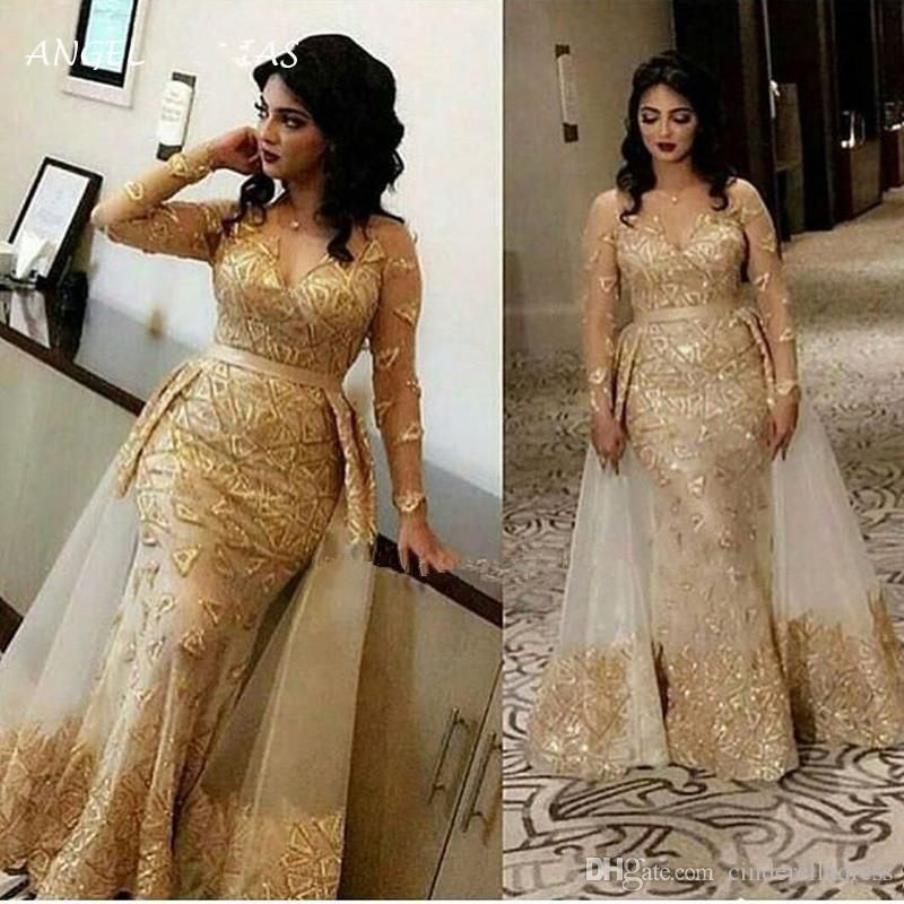 2020 Glitter oro abiti da sera arabi trasparenti maniche lunghe in pizzo sirena abiti da ballo scollo a V tulle applique sopra la gonna festa formale 226V