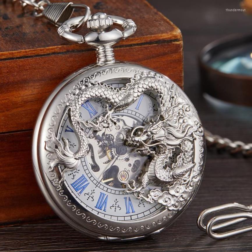 Zakhorloges Luxe zilveren mechanisch horloge Draak Lasergegraveerde klok Dierenketting Hanger Handopwinding Mannen Fob-ketting Thun2166O