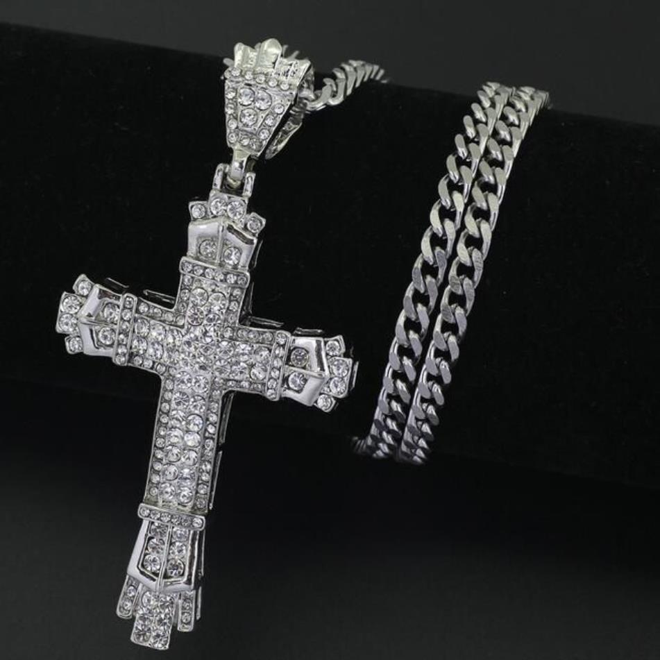 18K Gold Plated Stainless Steel Cuban Chain Water Diamond Retro Cutout Cross Pendant Necklace263e