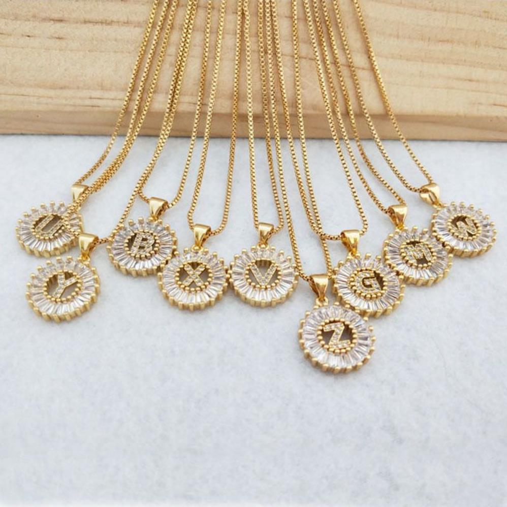 Gold Color Round Micro Pave Crystal Cubic Zirconia 26 Letter Pendants Charms Necklace Jewelry Making For Woman Nk348 J1907122669