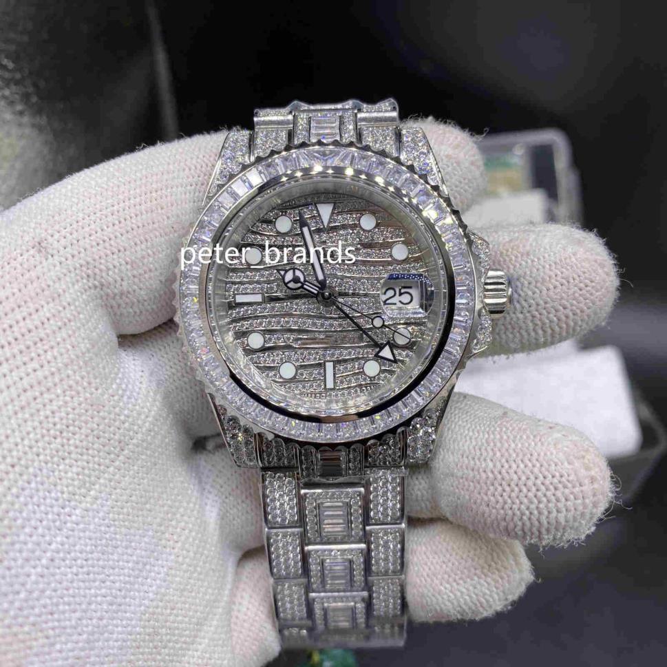 TOP Kwaliteit heren ETA2836 Horloges Iced out Diamond Horloge 40 MM Zilver 904 Roestvrij Stalen kast Kant van Diamond Face Horloge Auto262p