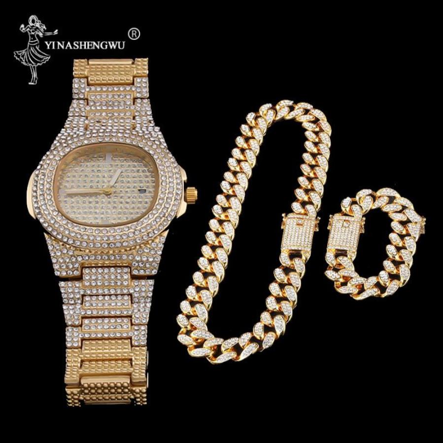 Orologio color oro di lusso Crystal Miami Out Catena cubana Oro Argento Orologio da uomo Collana Bracciale Hip Hop Jewerl uomo 2CM230H