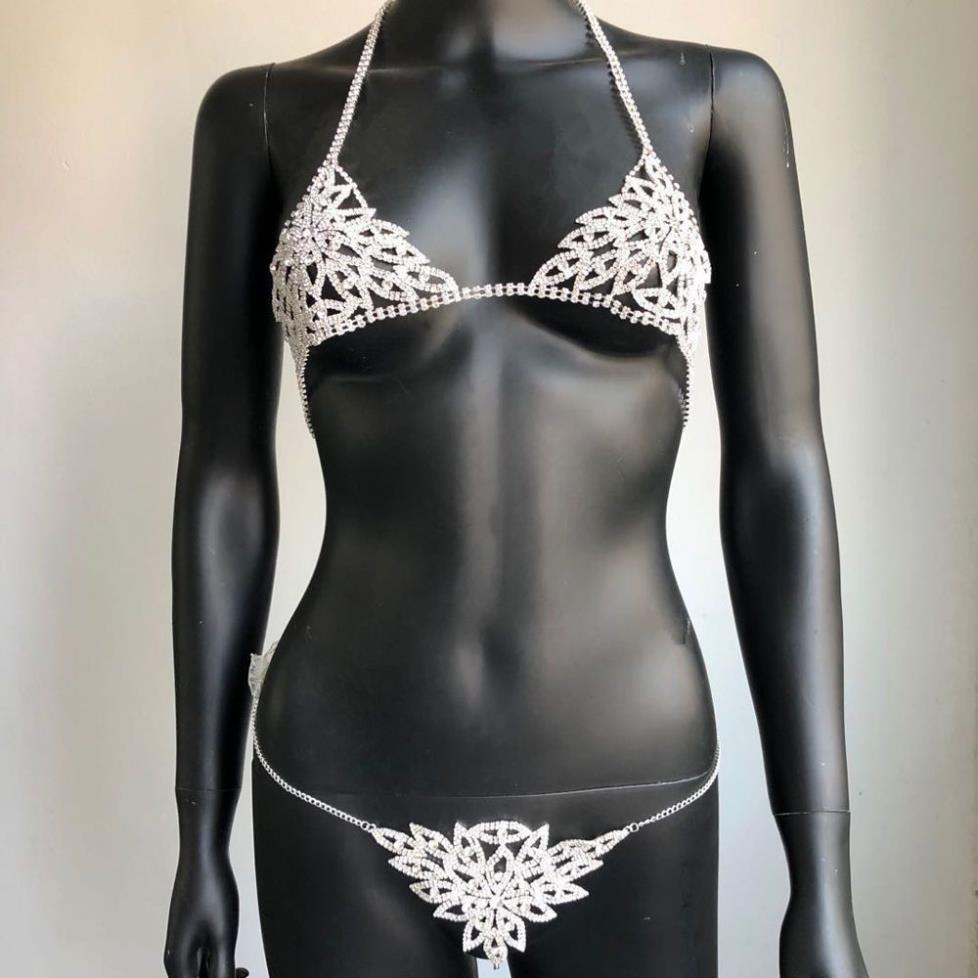 Nowy seksowny łańcuch Bra Body Biżuter Crystal bikini zestaw plażowy strój bielizny uprzężą Bling Thong dla kobiet wakacje T2005082690